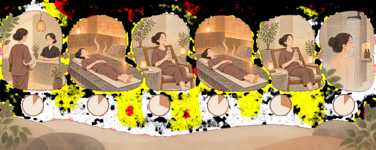熱さが苦手な人向けの短めプランを、受付→低温室→休憩→2セット目→休憩→シャワーの順に、各ステップの目安時間つきで並べたタイムライン図
