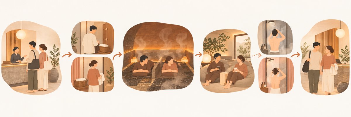 二人で行く日の流れ。受付（一緒）→更衣室（別々）→岩盤浴室（一緒）→休憩（施設による）→シャワー・着替え（別々）→受付付近で待ち合わせ、を矢印でつないだ図