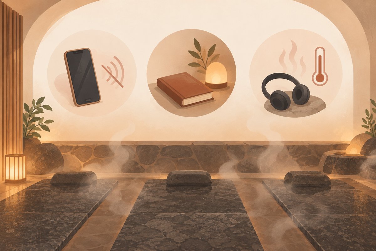 岩盤浴室で気をつけたい3つのポイント（音・光・熱と湿気）を、スマホ・本・イヤホンのアイコンと組み合わせて示した図解