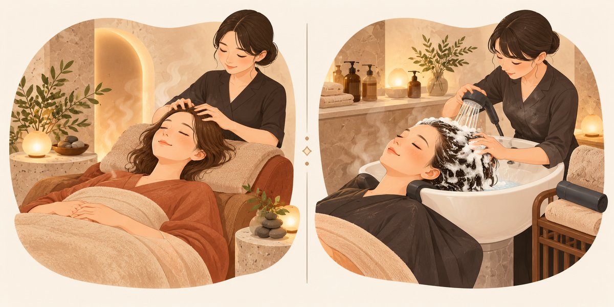 ドライヘッドスパ（乾いた髪・ベッドで受ける・終わったらそのまま帰れる）とウェットヘッドスパ（シャンプー台・お湯とシャンプー・乾かす時間が要る）を左右に並べた比較図