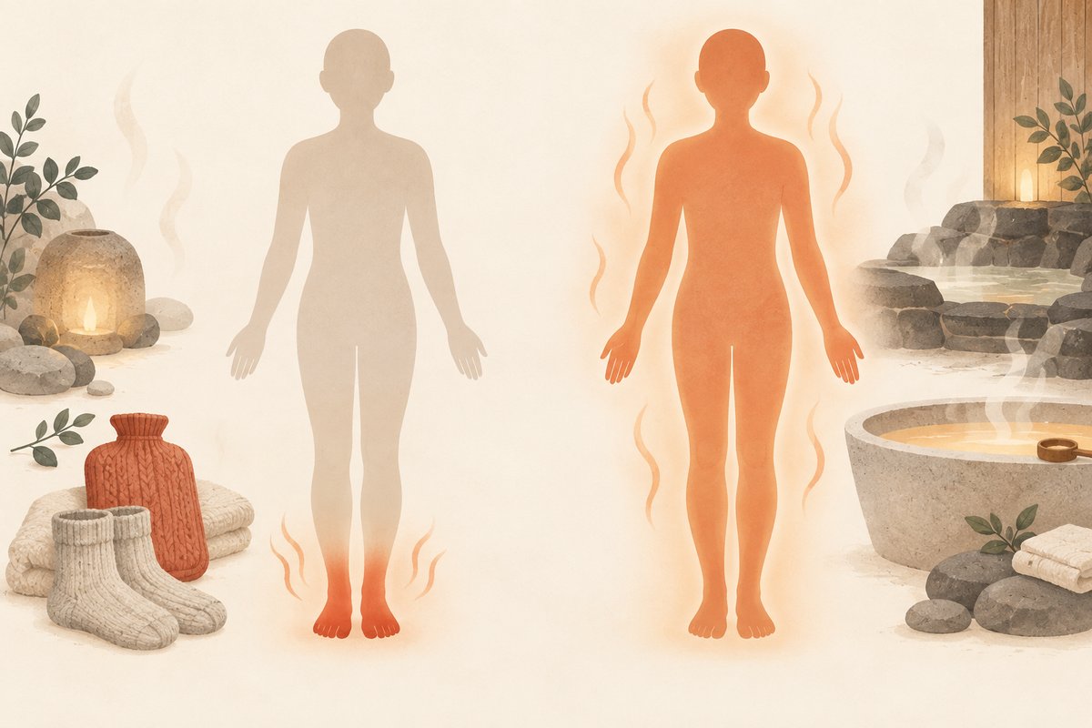 人のシルエットを2つ並べ、左は足先だけに色がついた「部分を温める（靴下・湯たんぽ）」、右は全身に淡く色がついた「全身を温める（湯船・岩盤浴）」を示す比較図