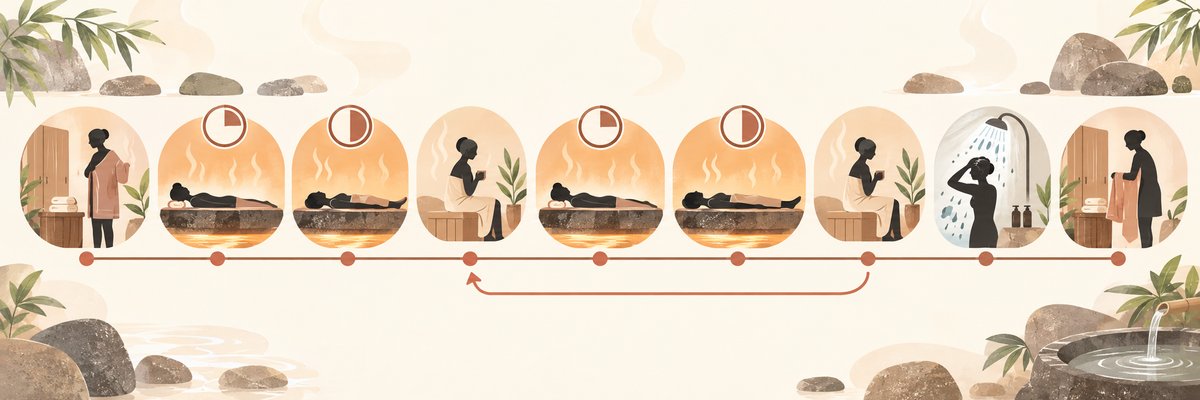 100分の過ごし方の流れ（着替え→うつ伏せ5分→仰向け5〜10分→休憩→2セット目→休憩→シャワー・着替え）をタイムラインで示した図
