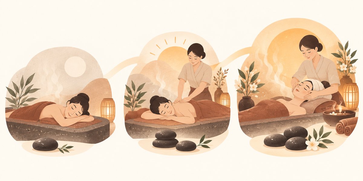 ご褒美のランク分けのイメージ。「ちょっとひと息＝岩盤浴だけ」「区切りの日＝岩盤浴＋もみほぐし等」「特別な日＝岩盤浴＋フェイシャル等」を3段階で並べた図