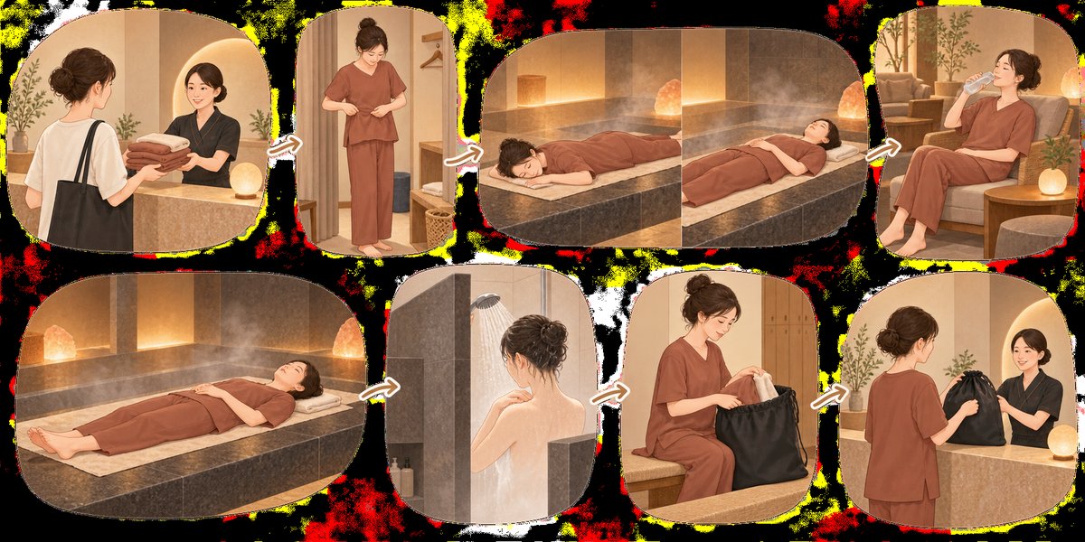 受付→着替え→うつ伏せ約5分→仰向け5〜10分→休憩5〜10分→2セット目→シャワー・身支度→返却、という100分の流れを横向きのタイムラインで示した図