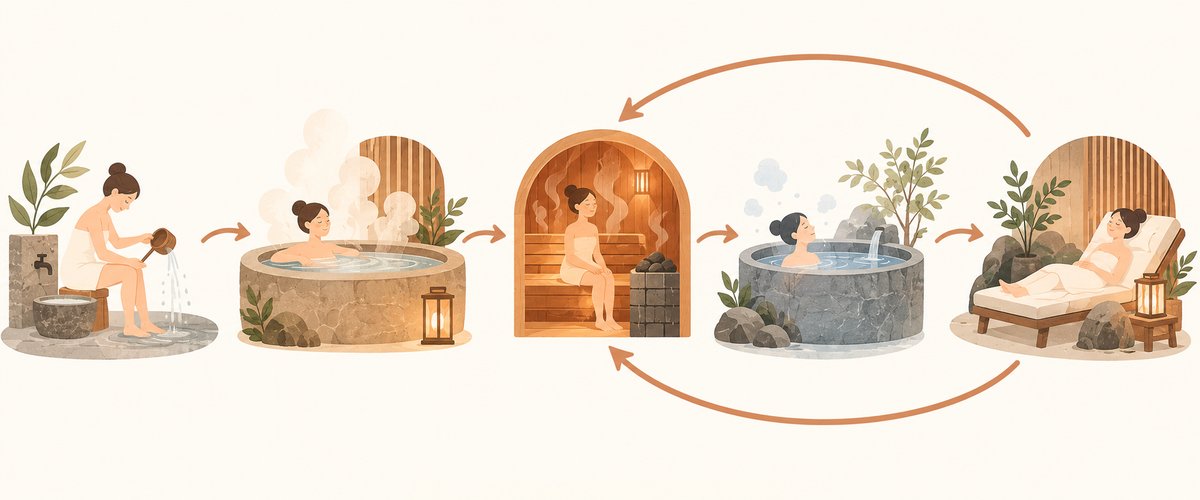 かけ湯・洗体→湯船→サウナ→水風呂→休憩の流れを矢印でつなぎ、サウナ〜休憩を2〜3回くり返すループで示した図
