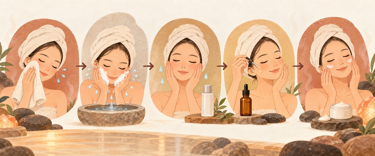 汗をかいた日のスキンケアの流れを示す図解。「汗を押さえる→洗う→化粧水→美容液→乳液・クリーム」の5ステップを矢印でつなぎ、それぞれのポイントを一言添える
