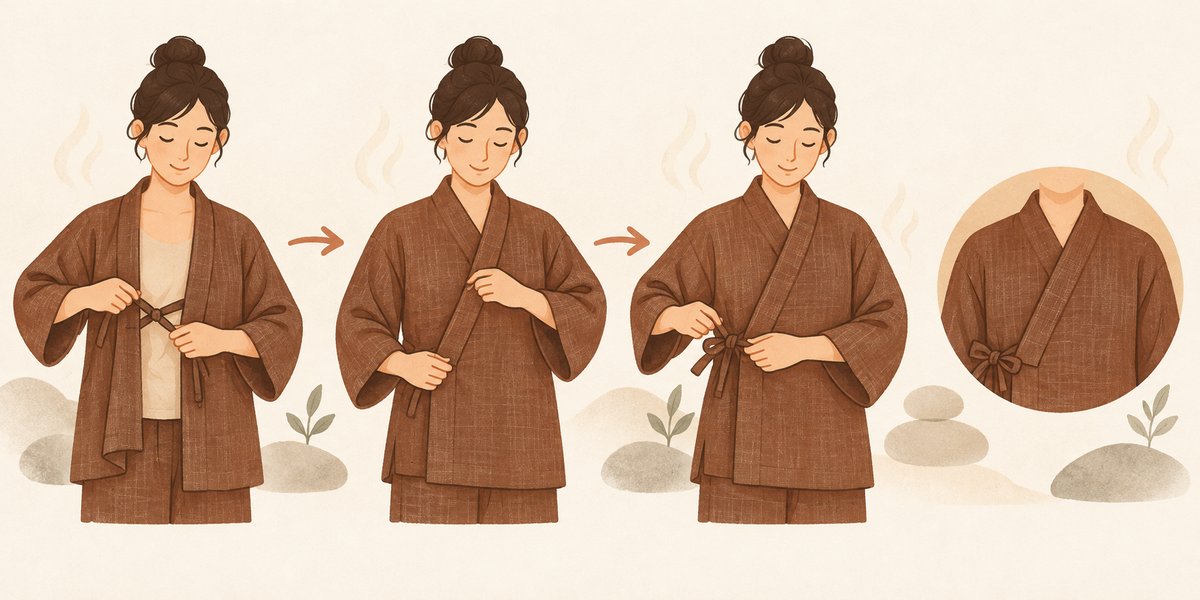 作務衣の上衣の着方を3ステップで示した図解。①右身頃を体に沿わせ内紐を結ぶ ②左身頃を重ねる ③外紐を脇で結ぶ。えりが「y」の字になる完成形も添える