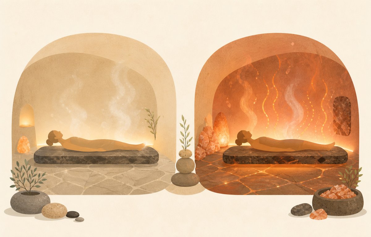 低温室38℃と高温室40〜42℃の温まり方の違いを比較したイメージ図