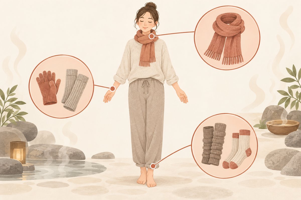 人の全身イラストに首・手首・足首の3か所を丸で示し、それぞれに合う小物（マフラー／手袋・アームウォーマー／レッグウォーマー・靴下）を線でつないだ図