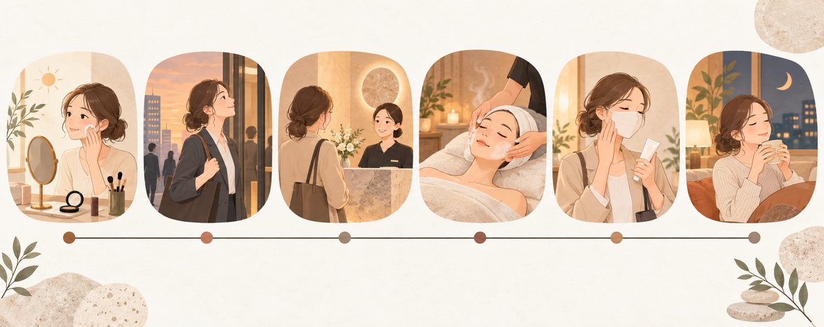 仕事帰りにフェイシャルエステへ寄る日のタイムライン図。朝のメイク（落としやすいもの）→退勤→来店・受付→施術→帰り支度（日焼け止め・マスク）→帰宅、の流れを時間軸で示す
