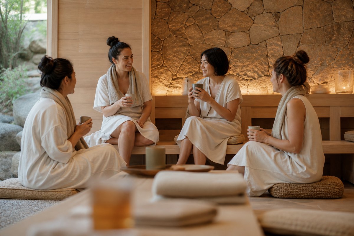 女子会仲間と岩盤浴の休憩スペースで飲み物片手に会話している様子
