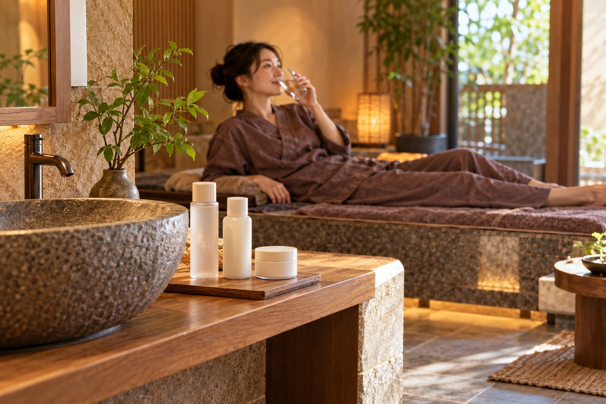 小さなポーチに入った着替えのショーツ、ヘアゴム、ミニサイズの化粧水と乳液、薄手のタオルを木の台の上に並べた様子